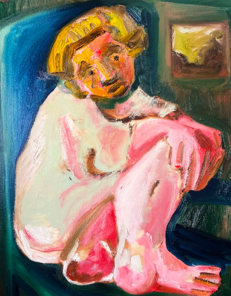 Virginia Deaver, Green Sky, Green Dress, Blue Chair, Bowl Cut, 2025.